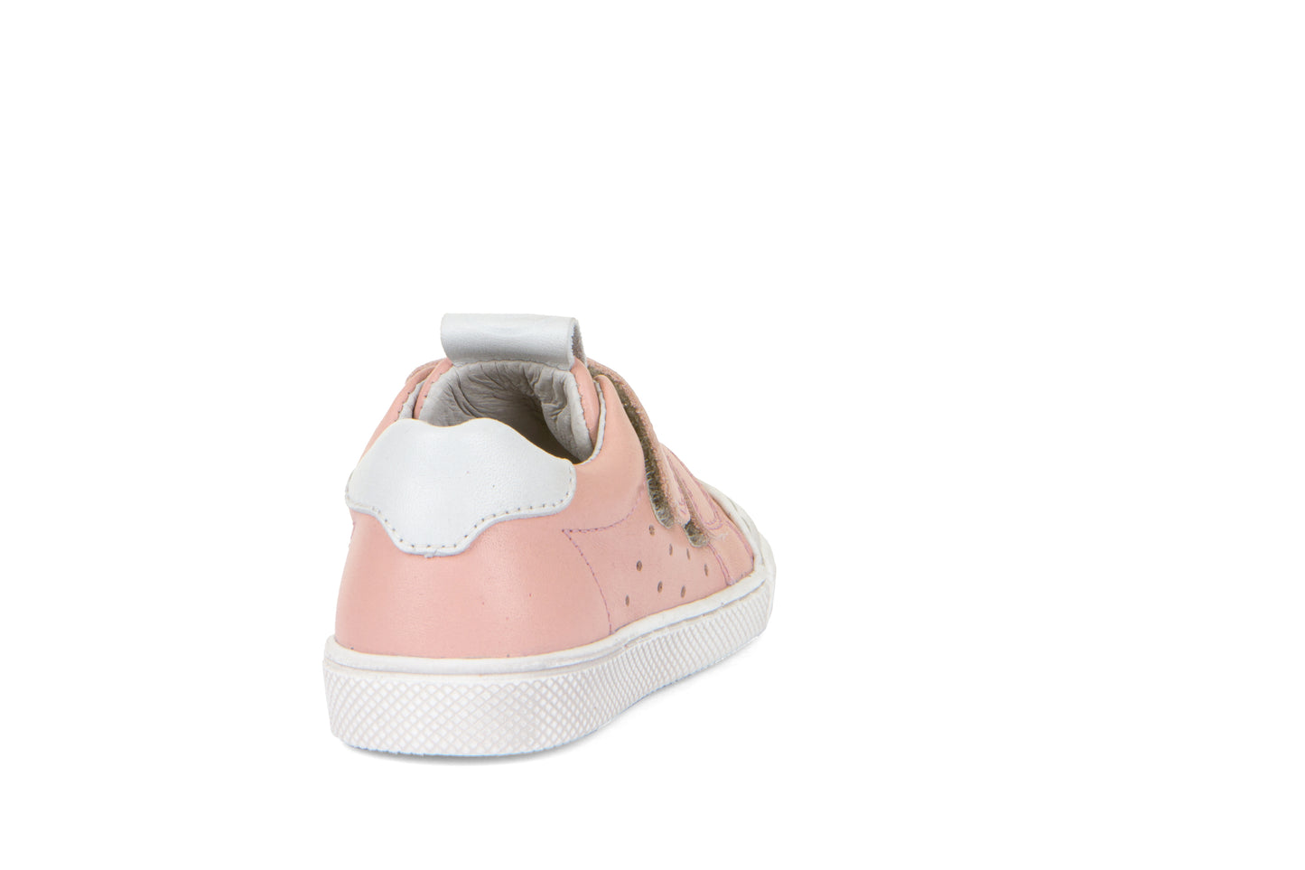 A girls casual shoe by Froddo, style G2130290-4 Rosario, in pink with white trim, velcro fastening. Back view.