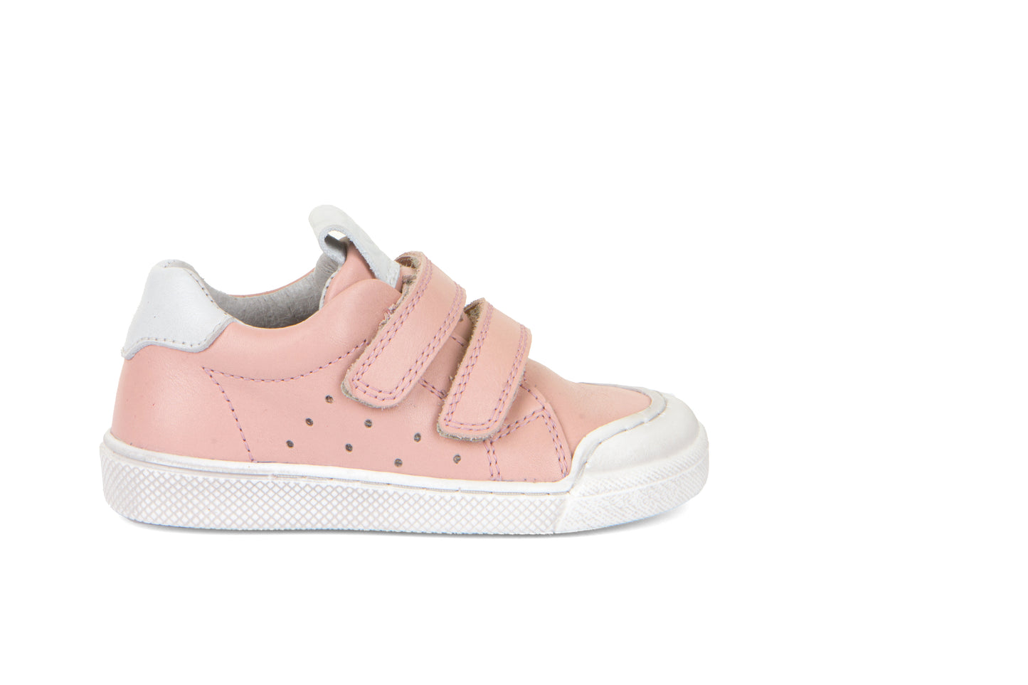 A girls casual shoe by Froddo, style G2130290-4 Rosario, in pink wit white trim,velcro fastening. Right side view.