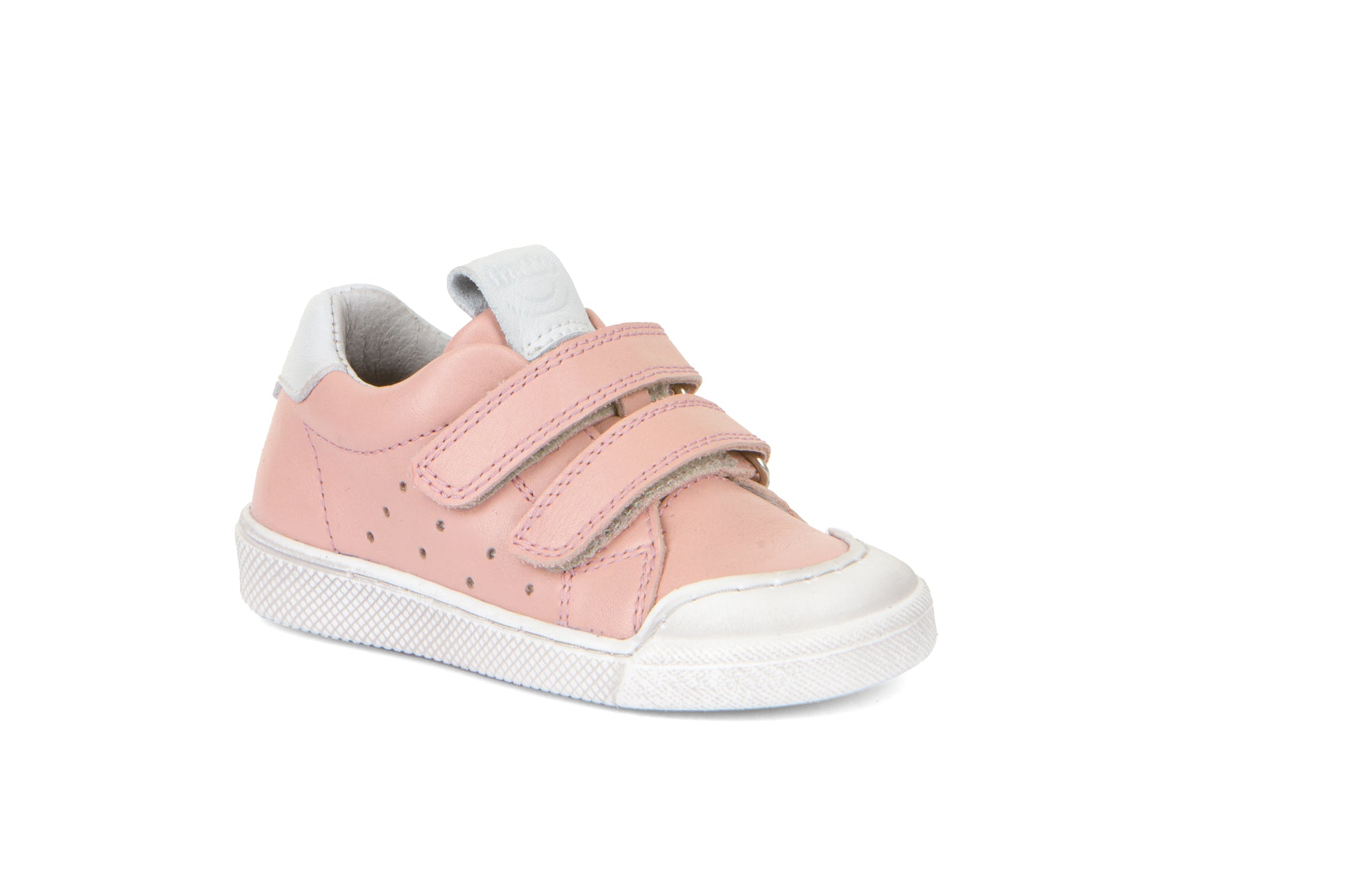 A girls casual shoe by Froddo, style G2130290-4 Rosario, in pink with white trim. Angled view.