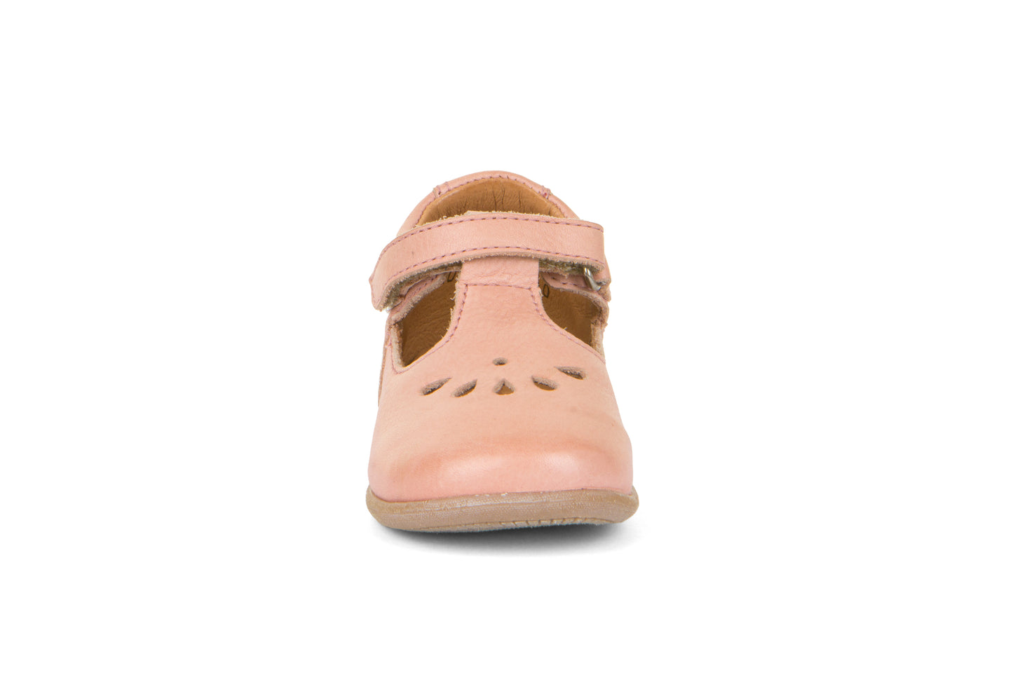 A girls shoe by Froddo, style G2140060-2 Gigi T-bar, in nude with teardrop cut out design, velcro fastening. Front view.