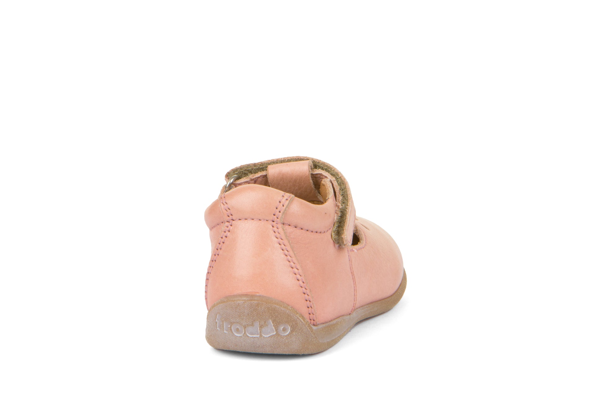 A girls shoe by Froddo, style G2140060-2 Gigi T-bar, in nude wtith teardrop cut out design. Back view.