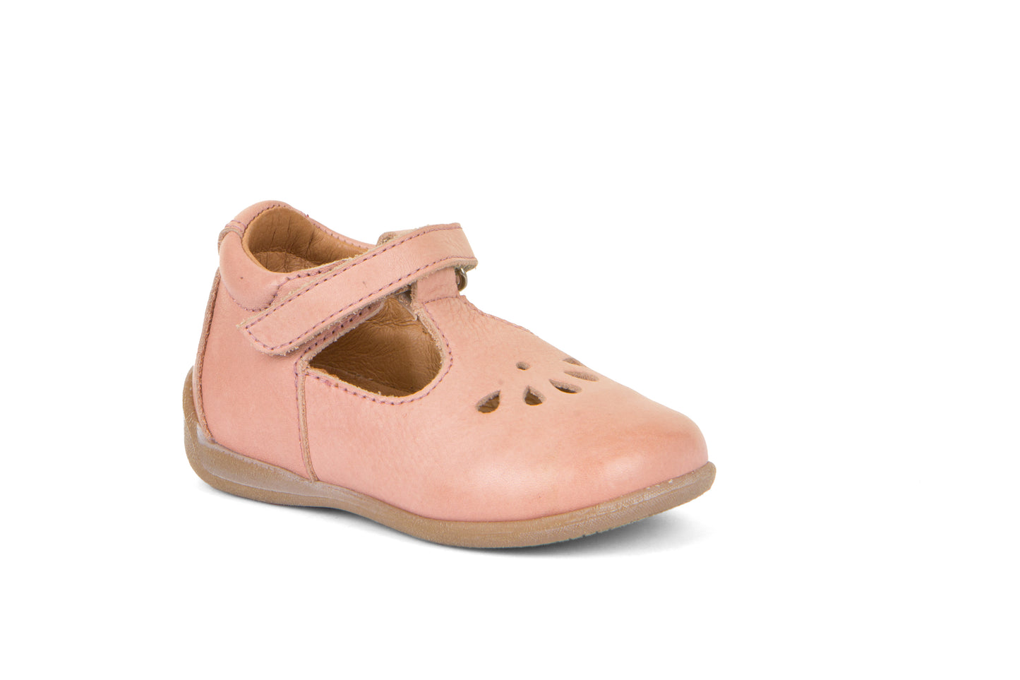 A girls shoe by Froddo, style G2140060-2 Gigi T-bar, in nude with teardrop cut out design, velcro fastening. Angled view.