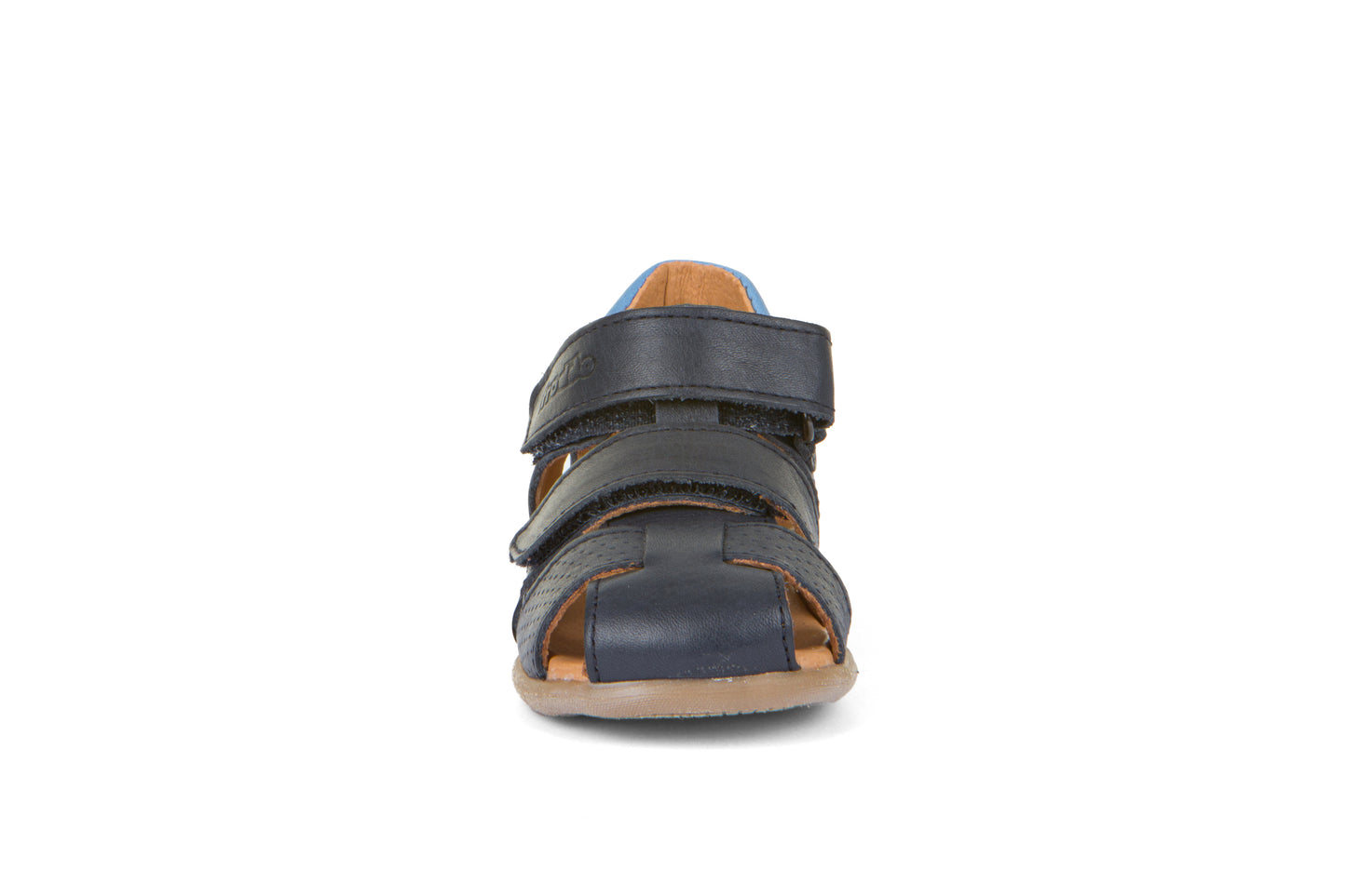 A boys closed toe sandal by Froddo, style G2150169 Carte Double, in navy with light blue collar, velcro fastening. Front view.