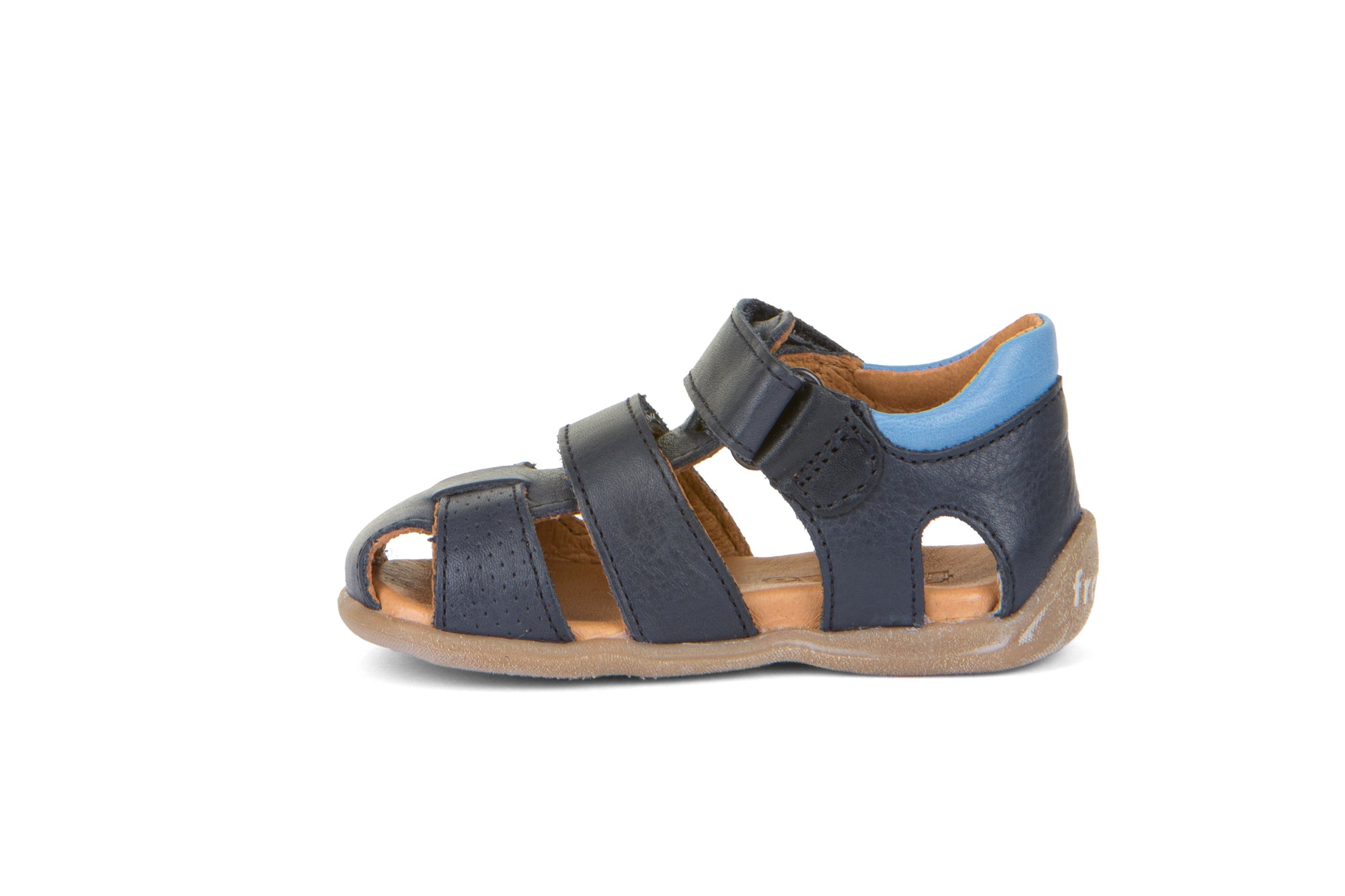 A boys closed toe sandal by Froddo, style G2150169 Carte Double, in navy with light blue collar, velcro fastening. Right inside view.