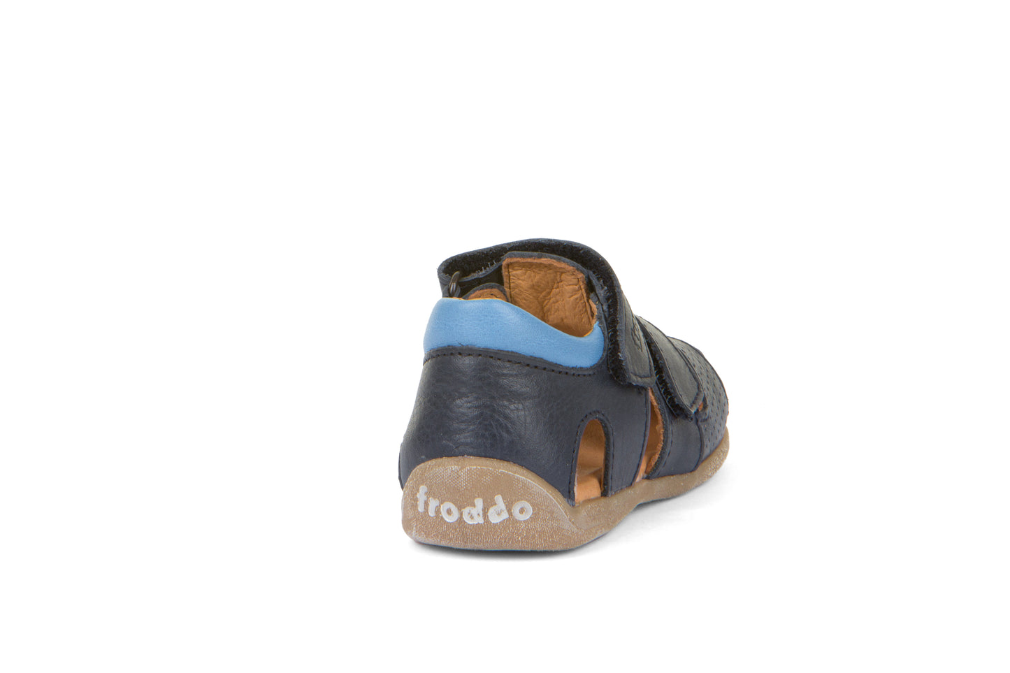 A boys closed toe sandal by Froddo, style G2150169 Carte Double, in navy with light blue collar, velcro fastening. Back view.