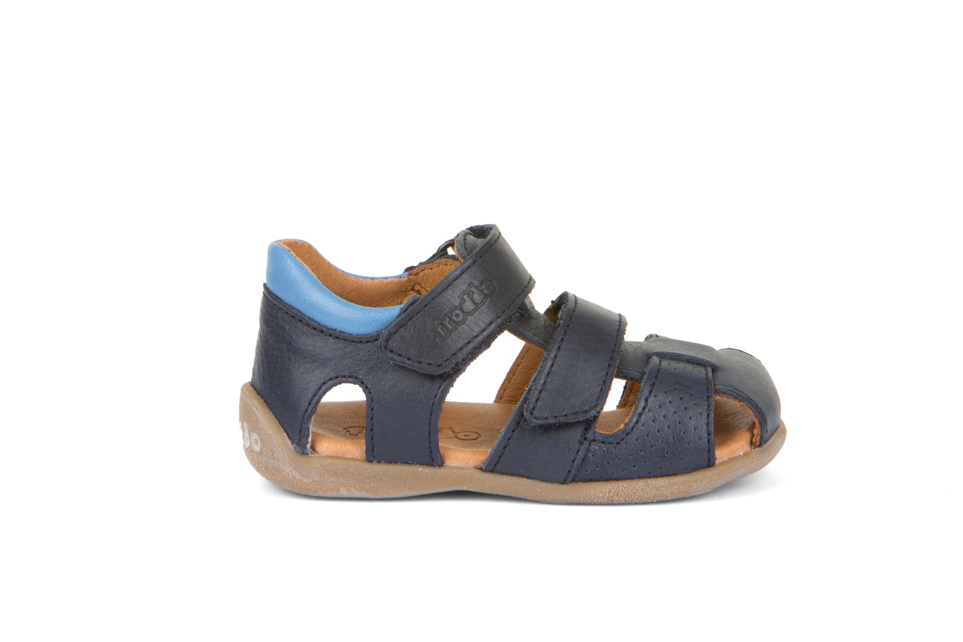 A boys closed toe sandal by Froddo, style G2150169 Carte Double, in navy with pale blue collar, velcro fastening. Right side view.