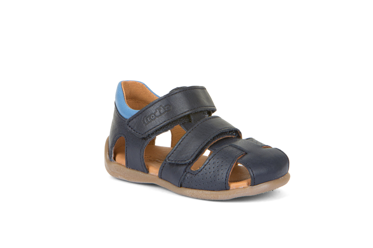 A boys closed toe sandal by Froddo, style G2150169 Carte Double, in navy with light blue collar, velcro fastening. Angled view.