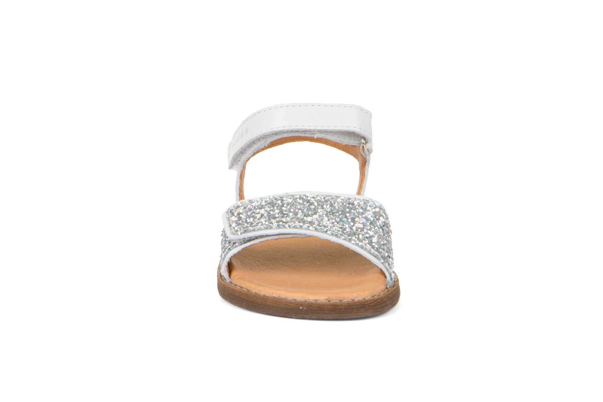 A girls sandal by Froddo, style G3150226-5 Lore Sparkle, in white with silver glitter front strap, velcro fastening. Front view.