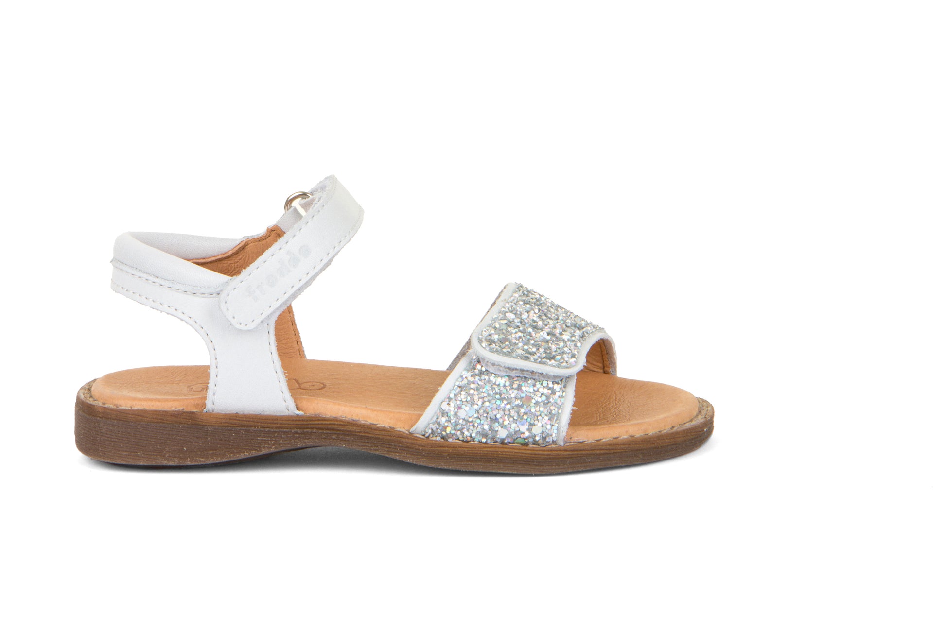 A girls sandal by Froddo, style G3150226-5 Lore Sparkle, in white with silver glitter strap, velcro fastening. Right side view.