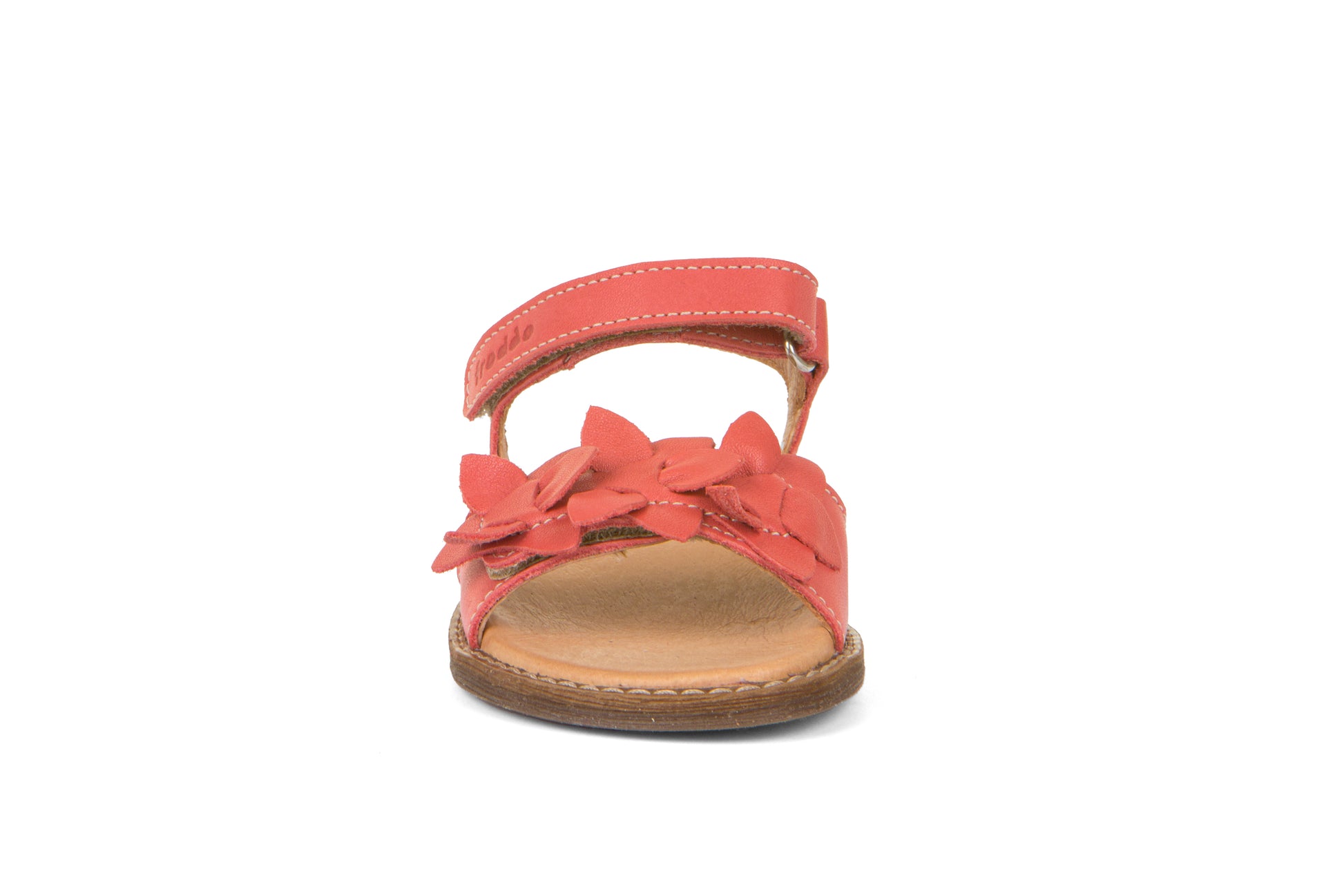 A girls sandal by Froddo, style G3150228-9 Lore Flowers, in coral with flowers detail, velcro fastening. Front view.