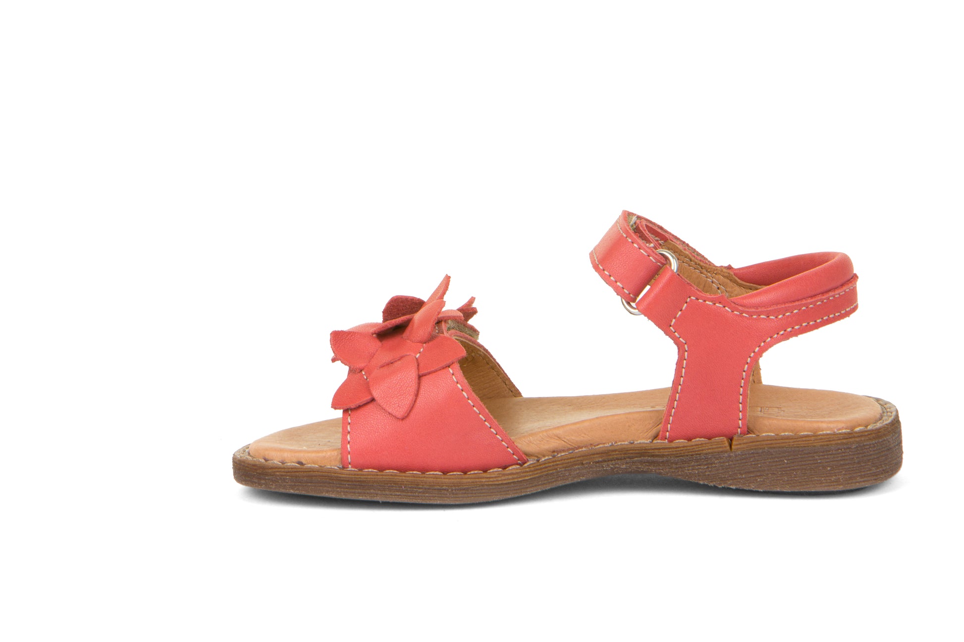 A girls sandal by Froddo, style G3150228-9 Lore Flowers, in coral with flowers detail, velcro fastening. Right inside view.