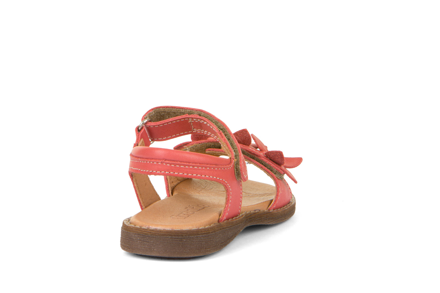 A girls sandal by Froddo, style G3150228-9 Lore Flowers, in coral with flowers detail, velcro fastening. Back view.