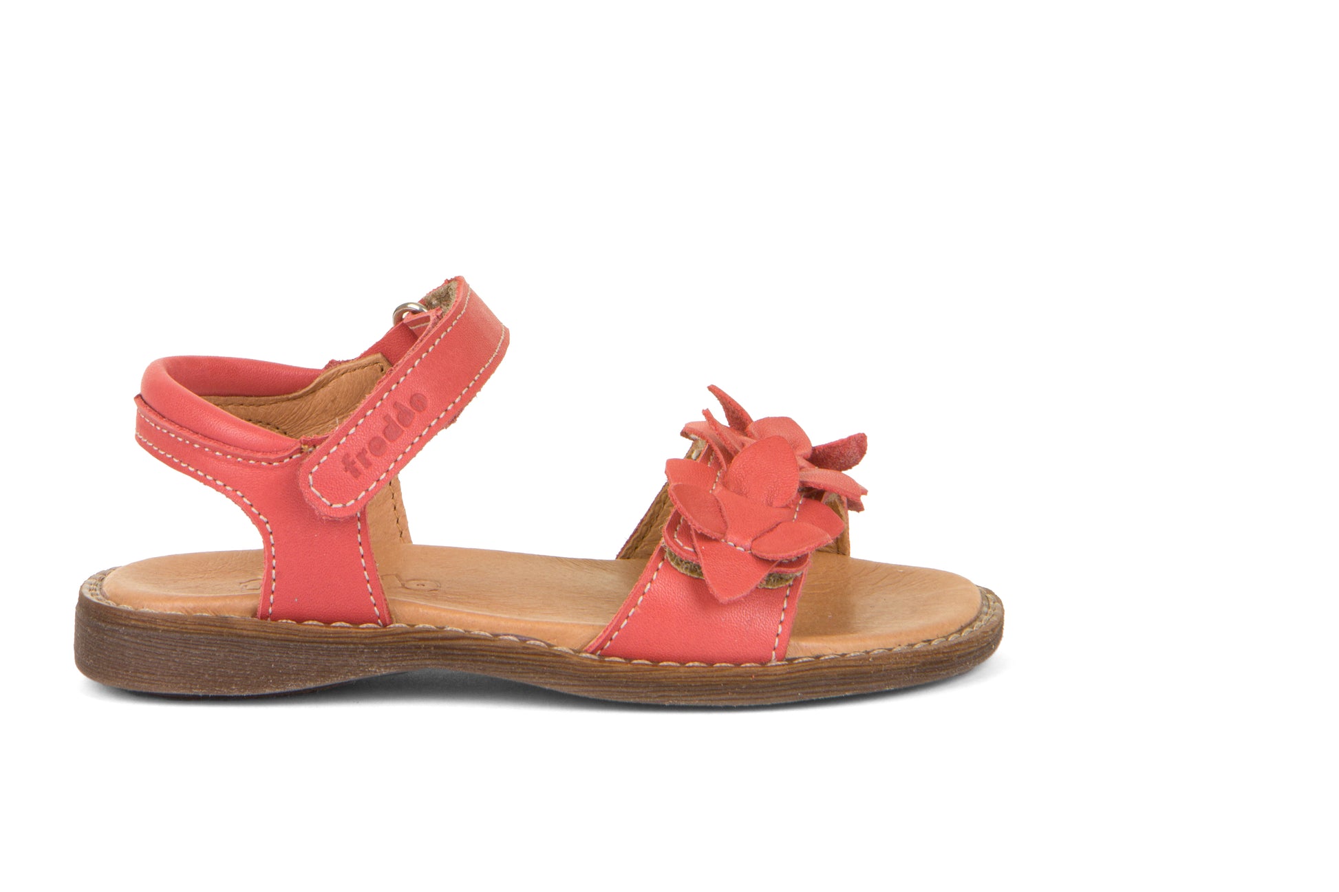A girls sandal by Froddo, Style G3150228-9 Lore Flowers, in coral with flowers, velcro fastening. Right side view.