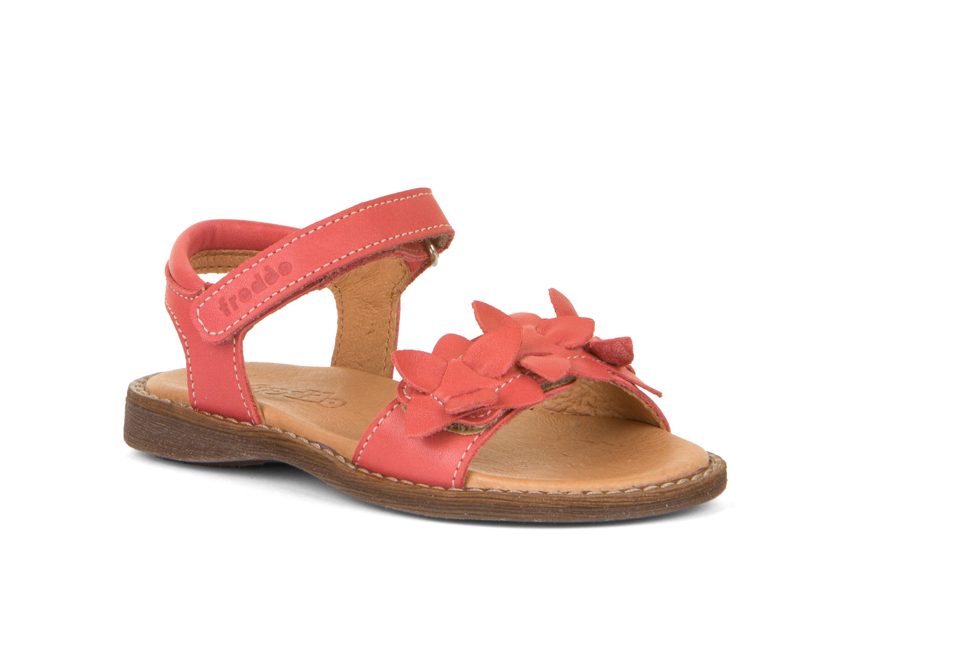 A girls sandal by Froddo, style G3150228-9 Lore Flowers, in coral with flower detail, velcro fastening. Angled view.