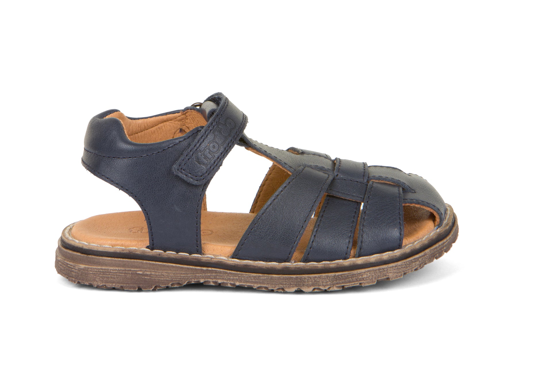 A boys sandal by Froddo, style G31500233 Daros, in navy ,velcro fastening. Right side view.