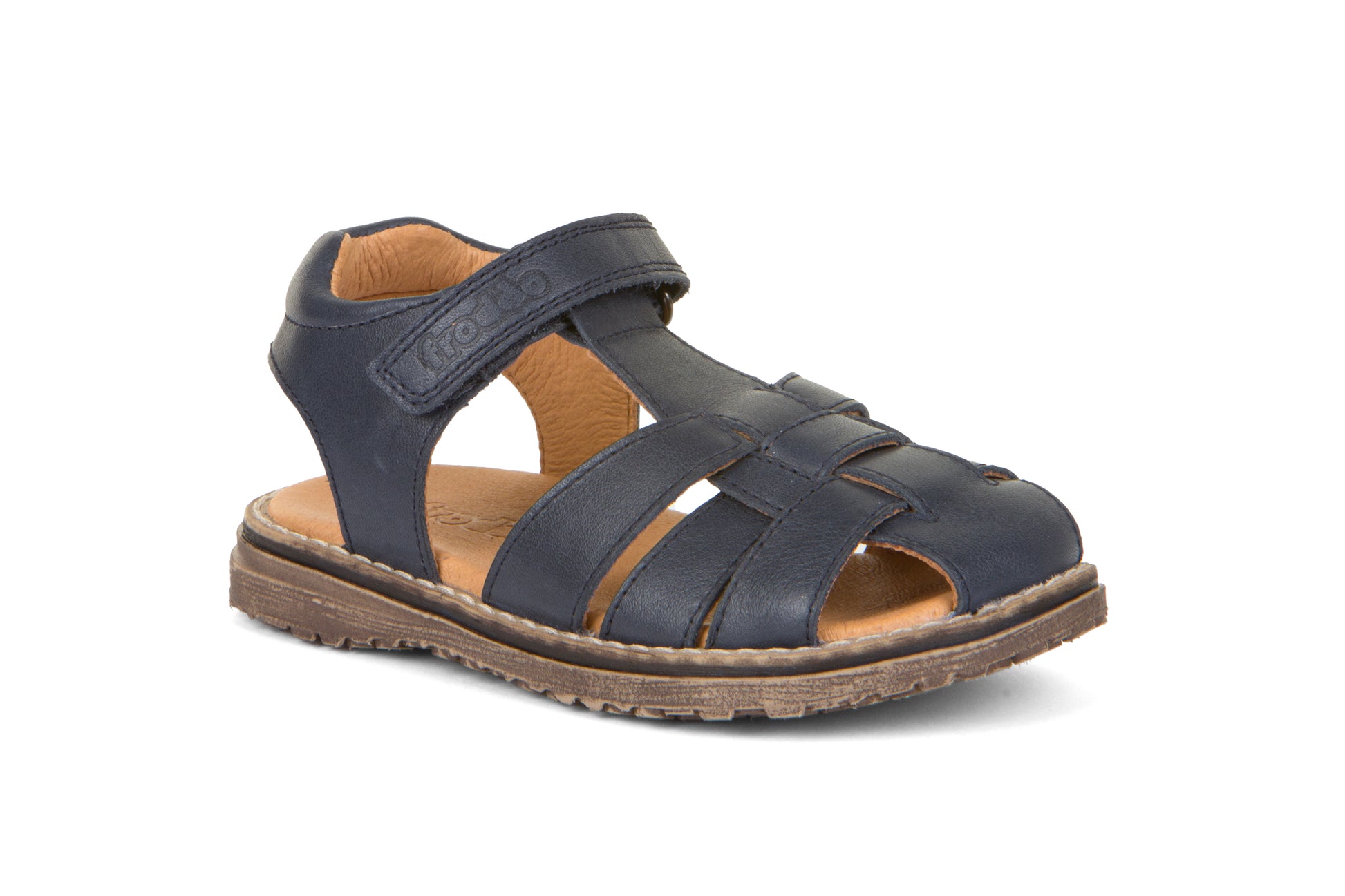 A boys sandal by Froddo, style G31500233 Daros, in navy, velcro fastening. Angled view.