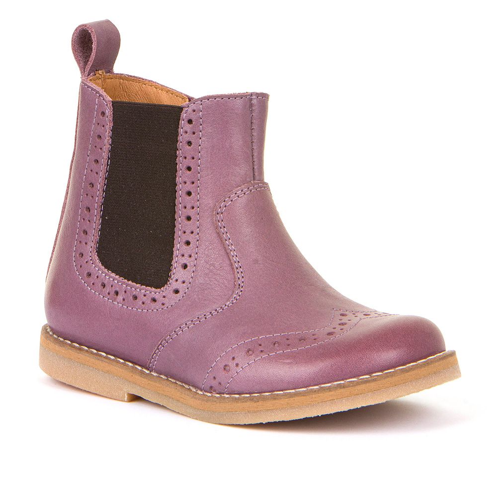 A girls chelsea boot by Froddo , style is Chelys Brogue  G3160173-9 in Lavender. Right front side view.