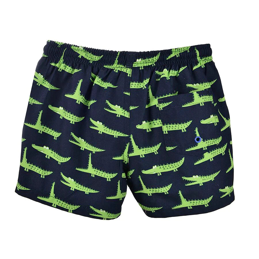 A pair of boys shorts by Slipfree, style Gator, in navy and lime. Back view.