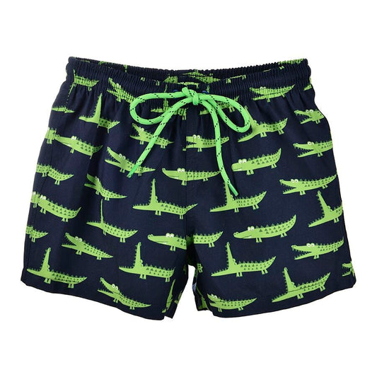 A pair of boys shorts by Slipfree, style Gator, in navy and lime. Front view.