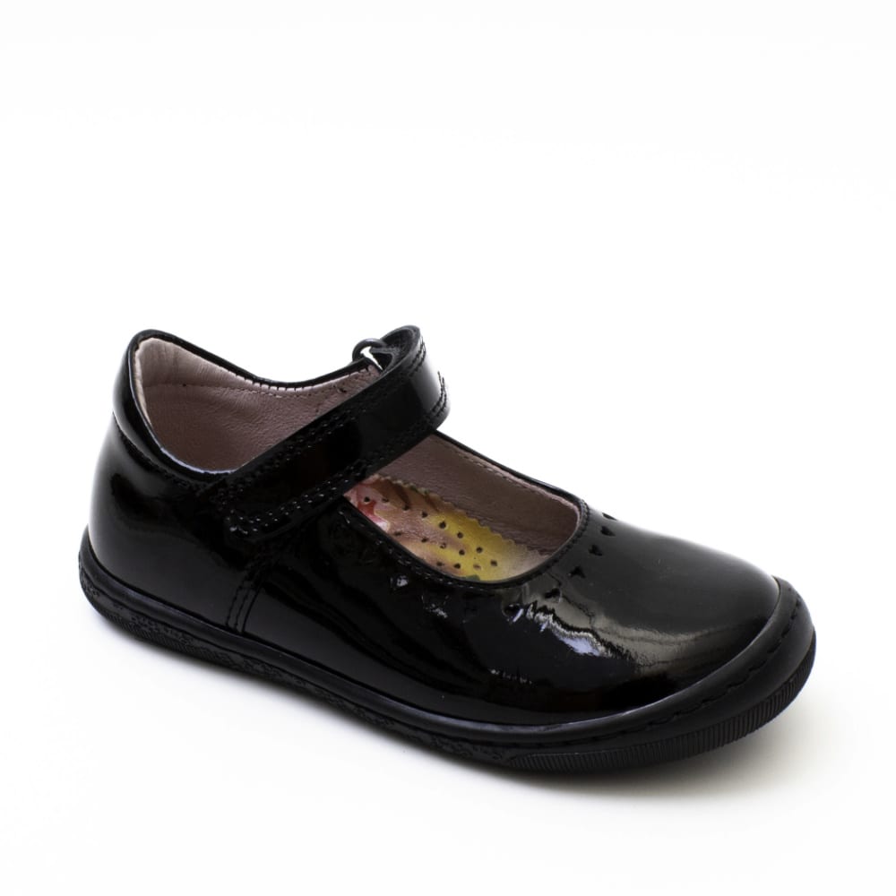 A girls school shoe by Petasil, style Gisele, in black patent with velcro fastening. Right side view.