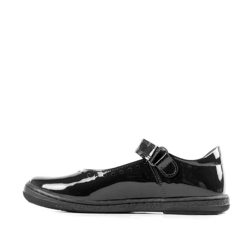 A girls school shoe by Petasil, style Gisele, in black patent with velcro fastening. Inner side view