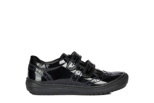 A girls school shoe by Geox, style Hadriel in black with double velcro fastening. Right side view.