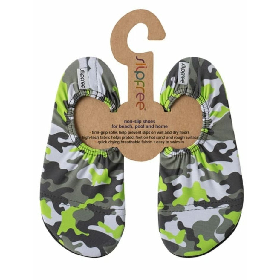 A boys non slip shoe by Slipfree, style Oscar in camouflage print. Front view.