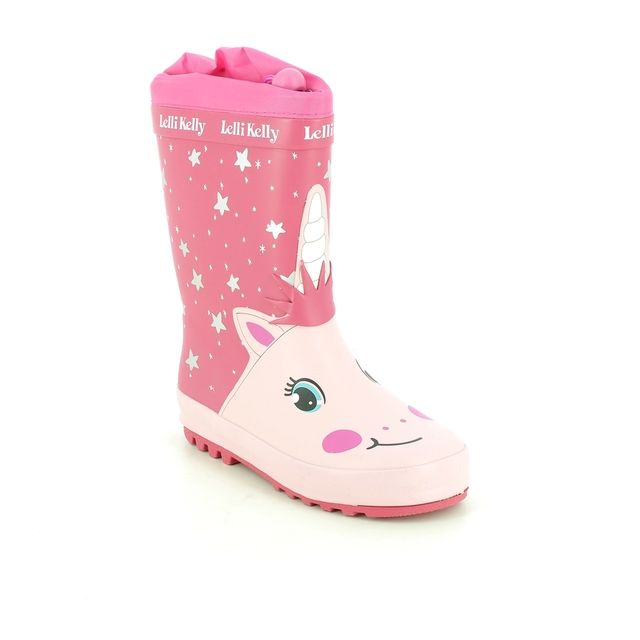 A Lelli Kelly girls wellington boot in pink unicorn. Style Hollee, with toggle fastening , angled view.