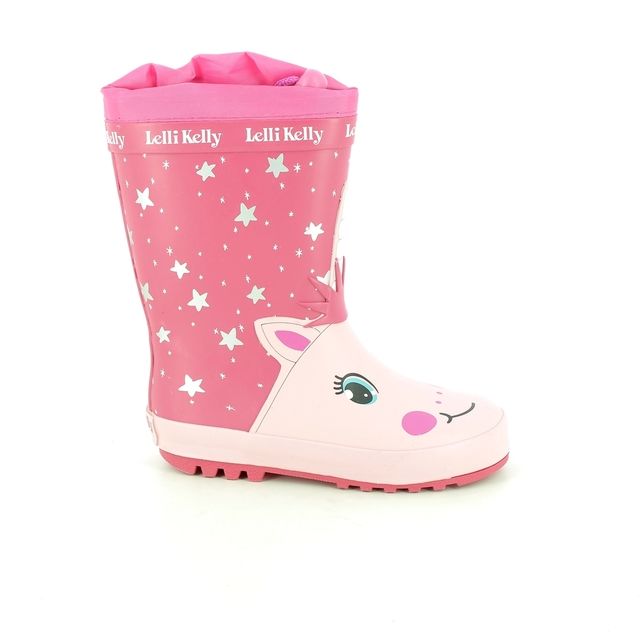A Lelli Kelly girls wellington boot in pink unicorn. Style Hollee, with toggle fastening , right view.