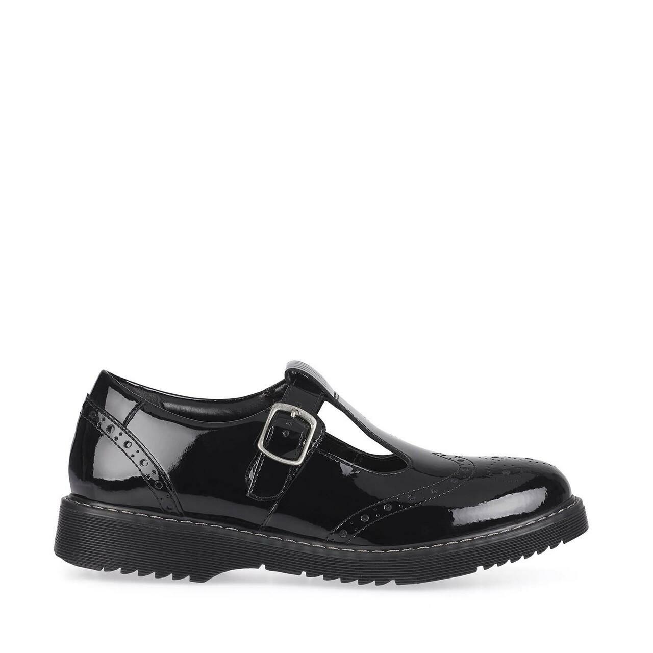 A girls T-Bar school shoe by Start Rite,style Imagine, in black patent with buckle fastening. Right side view.