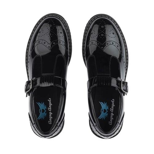 A girls T-Bar school shoe by Start Rite,style Imagine, in black patent with buckle fastening. . Above view.