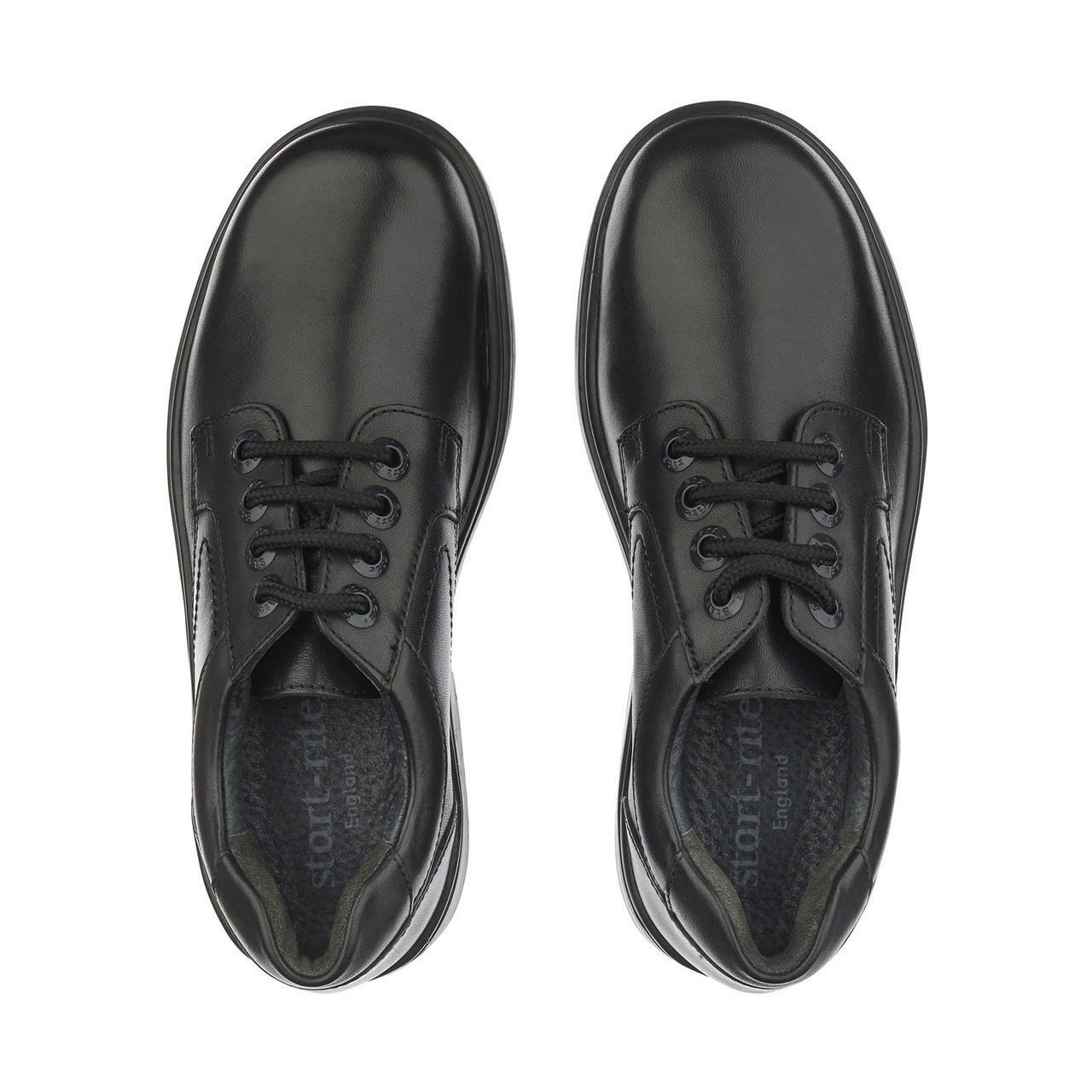 A pair of boys school shoes by Start Rite,style Isaac, in black leather with lace up fastening. Top view.
