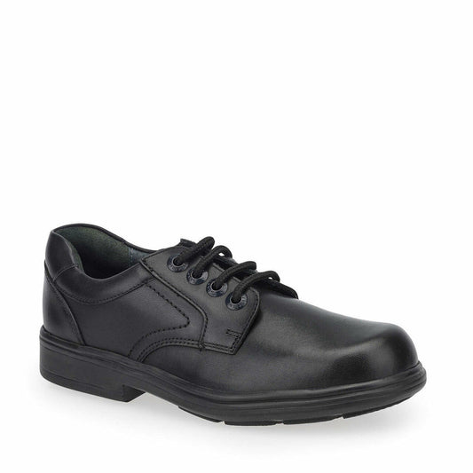 A boys school shoe by Start Rite,style Isaac, in black leather with lace up fastening. Angled view.