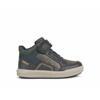 A boys hi top trainer by Geox, style Arzach,in blue, brown and green with velcro fastening.Right side view.