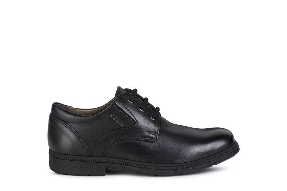 A boys smart school shoe by Geox,style J Federico, in black with lace fastening. Right side view.