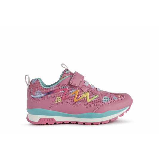 A girls casual trainer by Geox, style Pavel ,in pink multi with velcro fastening. Right side view.