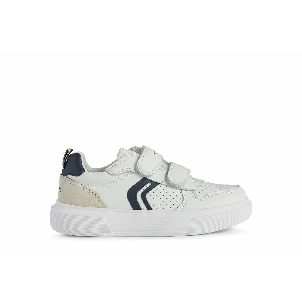 A casual boys trainer by Geox, style Nettuno, in white and navy with double velcro fastening. Right side view.