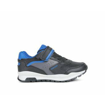 A boys casual trainer by Geox, style Pavel ,in black and blue with velcro fastening. Right side view.