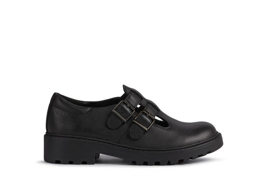 A girls smart school shoe by Geox, style Casey,in black with buckle fastening. Right side view.