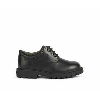 A boys smart school shoe by Geox, style Shaylax, in black with lace fastening. Right side view.