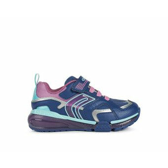 A girls light up trainer by Geox, style Bayony ,in navy and purple with velcro fastening. Right side view.