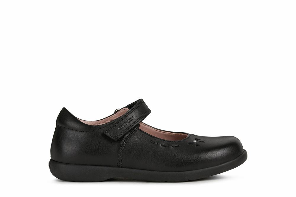 A girls Mary Jane school shoe by Geox, style Naimara, in black with velcro fastening. Right side view.