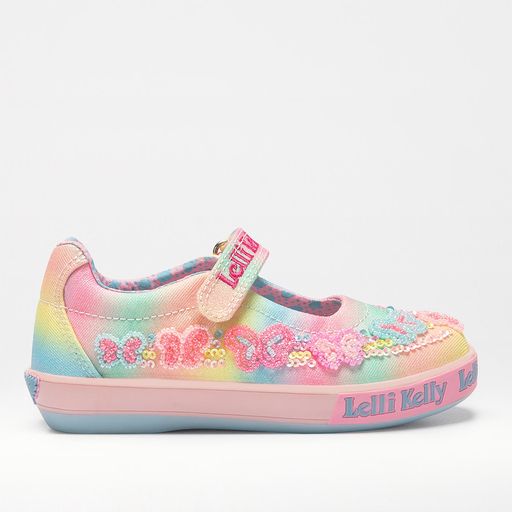 A girls Mary Jane shoe by Lelli Kelly, style LK3470 Myla in pink multi embellished canvas with velcro fastening. Right side view.