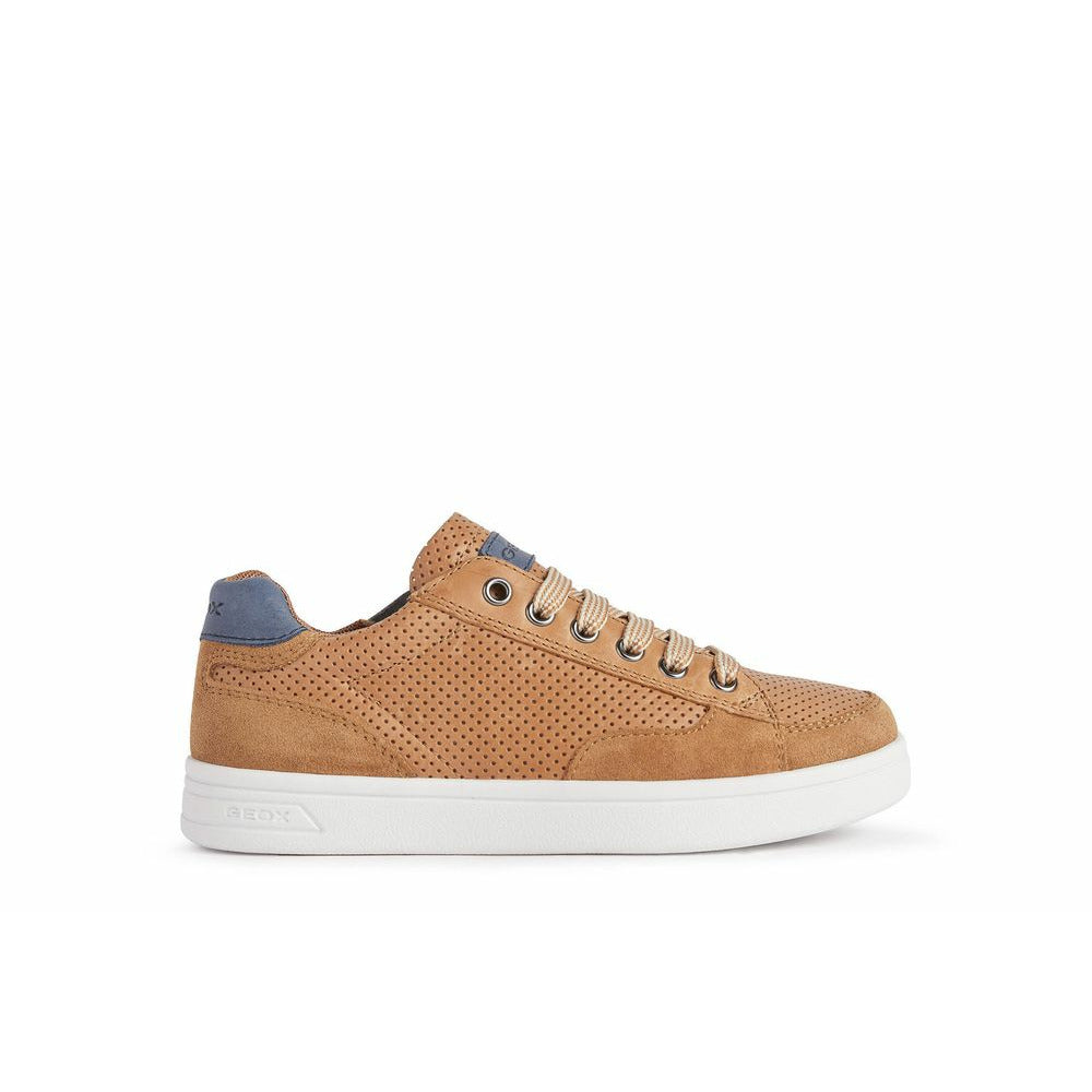A smart boys trainer by Geox, style DJ Rock, in tan with lace and zip fastening. Right side view.