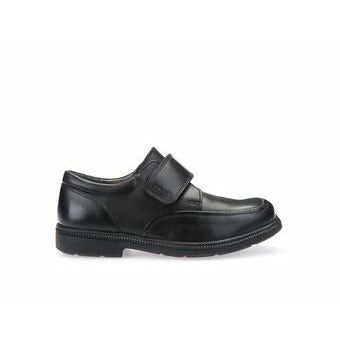 A boys smart school shoe by Geox,style J Federico, in black with velcro fastening. Right side view.
