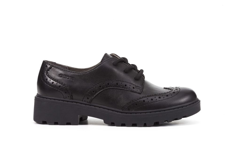 A girls smart school shoe by Geox, style Casey,in black with lace fastening. Right side view.