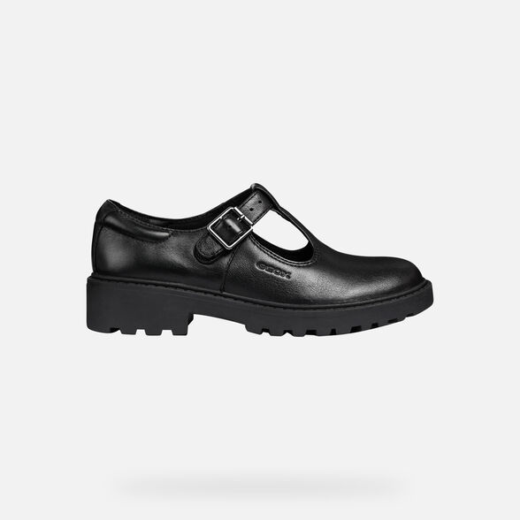 A girls Mary Jane school shoe by Geox, style casey, in black with buckle fastening. Right side view.