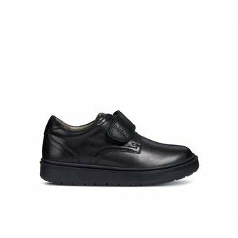  A boys smart school shoe by Geox, style J Riddock,in black with velcro fastening. Right side view.
