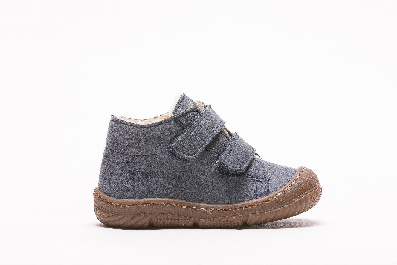 A unisex ankle boot by Bopy ,style Jamfoc, in marine blue with double velcro fastening. Right side view