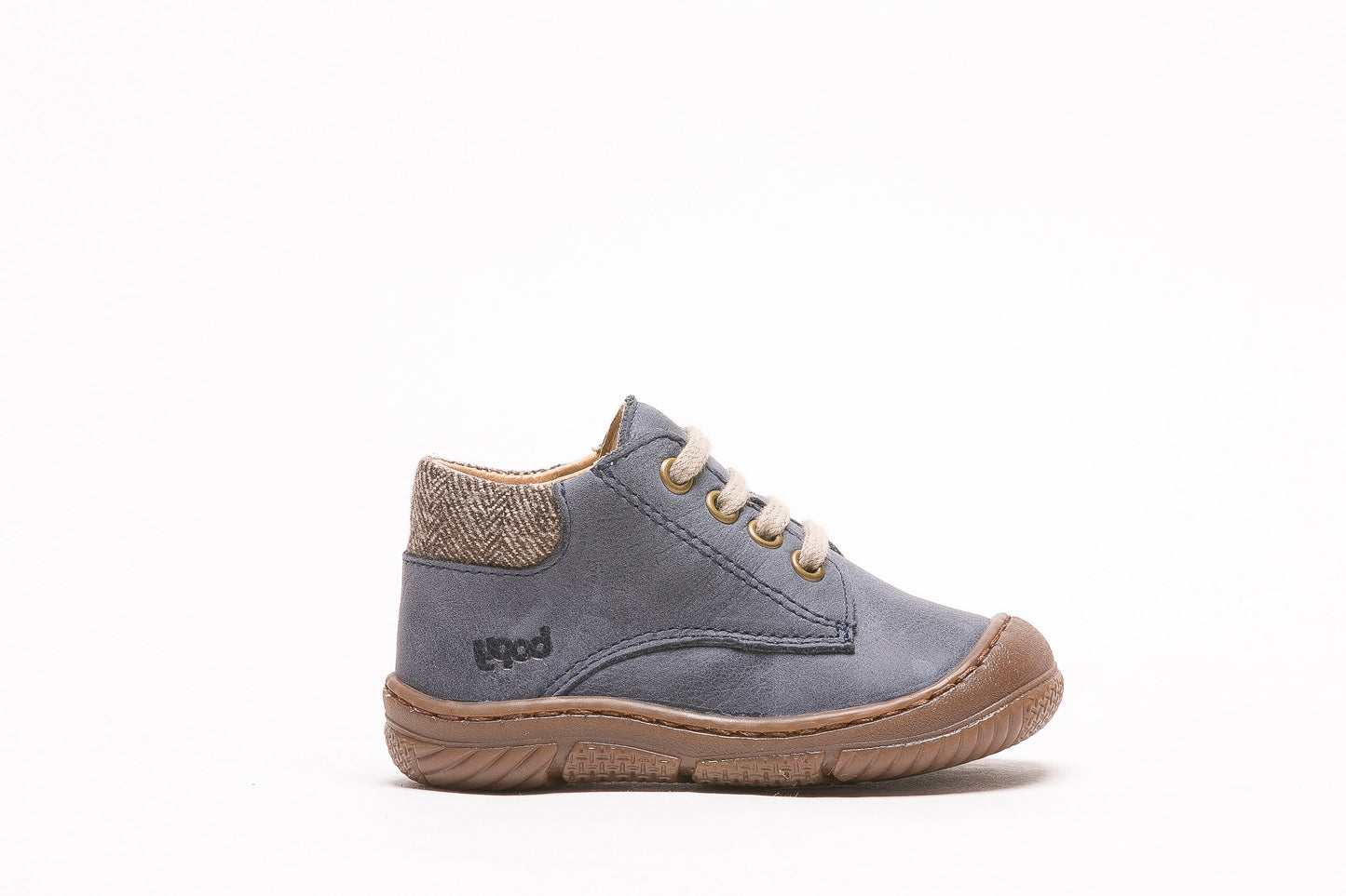 A boys ankle boot by Bopy ,style Jazo, in marine blue with lace and side zip fastening. Right side view.